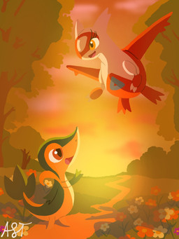 2_fingers 3_fingers ambiguous_gender biped duo eyelashes female feral fingers flower flying grass green_body green_skin green_tail long_tail open_mouth outside pink_tongue plant red_body red_eyes red_skin standing sunset tail text tongue tree white_body white_skin yellow_eyes fulgito_ast nintendo pokemon generation_3_pokemon generation_5_pokemon latias legendary_pokemon pokemon_(species) snivy 2025 3:4 artist_name hi_res