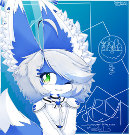 abstract_background accessory ahoge anthro black_collar blue_body blue_fur clothing collar dress female fluffy fluffy_ears fluffy_hair fluffy_tail fur green_eyes grey_hair hair hair_accessory hairclip happy heart_symbol kemono one_eye_closed sharp_teeth solo tail teeth text white_body white_clothing white_dress white_fur wink snowhilox kriya_(snowhilox) canid canine fox mammal absurd_res character_name hi_res
