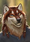 anthro black_nose blue_eyes clothed clothing ears_up fur hair happy looking_at_viewer male one_eye_closed orange_body orange_fur smile solo teeth trunorth miles_(miles-wolf) canid canine canis mammal wolf