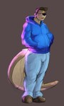 anthro blue_bottomwear blue_clothing blue_eyes blue_pants blue_sweatshirt bottomwear brown_background clothed_male clothing footwear male open_mouth otter_tail pants pink_lighting self_portrait shoes simple_background solo standing whiskers pandottermon mammal mustelid otter guide_lines hi_res