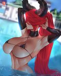 big_breasts bikini bikini_top bottomless breasts clothed clothing female hair hair_over_eyes horn long_hair not_furry red_hair solo swimming_pool swimwear two-piece_swimsuit araneesama horned_humanoid humanoid 4:5