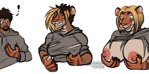 anthro base_one_layout basic_sequence beard big_breasts breast_growth breasts claws clothed clothing crossgender dark_body dark_skin eyes_closed facial_hair female fur gender_transformation growth hair happy hoodie human_to_anthro jacket linear_sequence male mtf_transformation nipples one_row_layout open_mouth shirt simple_background smile solo species_transformation stripes surprised teeth three_frame_image three_frame_sequence topwear torn_clothing transformation transformation_sequence white_background naughtygryph linae_(happyslender) felid human humanoid mammal pantherine tiger 2018 colored digital_drawing_(artwork) digital_media_(artwork) sequence