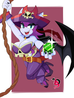 anthro bat_wings belt big_breasts black_eyeshadow black_nails black_nose black_wings blue_body blue_fur bottomwear breasts choker cleavage clothed clothing colored_nails cosplay crossover_cosplay cuffs_(clothing) ear_piercing eyeshadow female footwear front_view fur gem green_eyes hat headgear headwear high_heels holding_gem holding_object jewelry looking_at_viewer makeup membrane_(anatomy) membranous_wings nails necklace open_mouth open_smile pants piercing pirate_hat purple_background purple_body purple_bottomwear purple_clothing purple_footwear purple_fur purple_hat purple_headwear purple_high_heels purple_pants purple_topwear rope shoes simple_background smile solo swinging_on_rope thick_thighs topwear white_background wide_hips wings 69lewddragon69 sega shantae_(series) sonic_the_hedgehog_(series) wayforward risky_boots rouge_the_bat bat mammal 3:4 absurd_res crossover hi_res