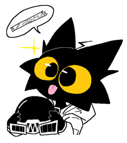 ambiguous_gender anthro armor biped black_body black_eyes black_fur blep candy clothed clothing dessert fingers food fur glistening glistening_eyes headgear helmet holding_armor holding_headgear holding_helmet holding_object simple_background solo speech_bubble tongue tongue_out topwear white_background yellow_sclera sabgong shiron_(sabgong) domestic_cat felid feline felis mammal