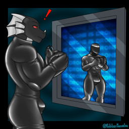 altered_reflection anthro black_body claws clothing dildo dorsal_fin dorsal_frill drone dronification ear_fins fin frill_(anatomy) gimp gimp_mask gimp_suit grey_body horn latex latex_clothing latex_skinsuit leaking male mask mask_with_sex_toy multicolored_body null_bulge red_eyes reflection sex_toy skinsuit spines surprised tight_clothing bullgator mythology negadrake dragon mythological_creature mythological_scalie scalie 1:1 2024 hi_res