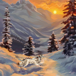 ambiguous_feral ambiguous_gender black_markings blue_eyes closed_smile cloud detailed_background duo ears_back fangs feral fur markings mountain mouth_closed open_mouth outside pivoted_ears plant red_markings running side_view sky smile snow sun sunset teeth text tree whiskers white_body white_fur msdeadsoul canid canine mammal 1:1 2025 artist_name dated hi_res
