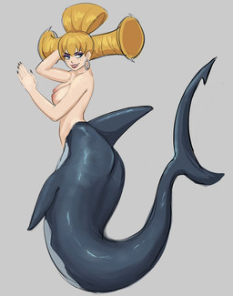 blonde_hair breasts butt ear_piercing ear_ring female grin hair looking_back nails nipples nude nude_female piercing rear_view ring_piercing sharp_nails smile solo split_form zelles one_piece charlotte_praline animal_humanoid aquatic aquatic_humanoid fish fish_humanoid humanoid merfolk shark_humanoid 2022 colored_sketch full-length_portrait portrait sketch