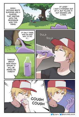 accidental_transformation ambiguous_gender blonde_hair clothing dialogue drinking duo forced forced_transformation goo_transformation grass hair hands_behind_head hat headgear headwear imminent_transformation leaning_on_tree male male_human outside plant pokemon_transformation potion sitting species_transformation text transformation transformation_potion yellow_eyes layruwu nintendo pokemon fan_character pokemon_trainer ditto_(pokemon) generation_1_pokemon human humanoid mammal pokemon_(species) comic english_text hi_res