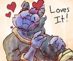 ambiguous_gender anthro blue_body blush blush_lines claws curved_horn duo face_squish hair happy headpat heart_symbol horn male purple_hair squish text touching_face whattheflix quill_(whattheflix) kobold scalie 6:5