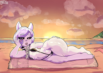 beach bikini breasts chain chain_collar clothed clothing cloud collar detailed_background female front_view hair hand_on_butt hand_on_hip head_on_hand huge_hips huge_thighs looking_at_viewer lying on_side on_towel one-piece_swimsuit seaside short_hair skimpy sling_bikini small_breasts solo sunset swimwear thick_thighs towel two-piece_swimsuit wide_hips gcfmug humanoid hi_res