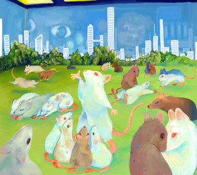 ambiguous_gender black_body black_fur black_nose brown_body brown_eyes brown_fur brown_nose eyes_closed feral feral_focus fur grass grey_body grey_fur group large_group looking_at_another lying nose_to_nose on_back on_front on_hind_legs open_mouth pink_body pink_nose pink_skin plant red_eyes running scientific_experiment scientist shrub sitting size_difference snout white_body white_fur young young_feral rexalogy rat_park human mammal 2021 digital_media_(artwork) digital_painting_(artwork) hi_res painting_(artwork) shaded