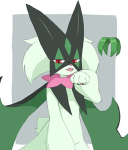 ambiguous_gender anthro claws flat_chested fur green_body green_fur green_hair hair looking_at_viewer open_mouth pawpads red_eyes simple_background solo tail tongue ylit nintendo pokemon felid feline generation_9_pokemon mammal meowscarada pokemon_(species) 2025