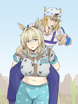 5_fingers alternate_species animal_print_clothing big_breasts blonde_hair blue_eyes blue_lips bottomwear breasts cactus carrying_another clothing desert duo ear_accessory eyebrow_through_hair eyebrows female fingers gesture hair hand_gesture hand_on_shoulder harness hat headgear headwear horseshoe humanoidized lips male navel open_mouth pants piggyback plant pointing saguaro star_pattern translucent translucent_hair maven_(artist) cygames jojo's_bizarre_adventure steel_ball_run uma_musume_pretty_derby johnny_joestar slow_dancer_(jjba) animal_humanoid equid equid_humanoid equine equine_humanoid horse_humanoid human humanoid mammal mammal_humanoid 2025 hi_res portrait three-quarter_portrait