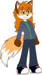 anthro beady_eyes blue_eyes bottomwear clothed clothing denim denim_bottomwear denim_clothing fluffy fluffy_tail footwear fur gloves_(marking) hair inner_ear_fluff jacket jeans long_hair male markings open_clothing open_jacket open_topwear orange_body orange_fur orange_hair pants shirt shoes simple_background solo tail topwear tuft white_background white_markings sailor_bomber fan_character tailexis_(akubon) canid canine fox mammal red_fox true_fox