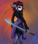 anthro bridge_piercing ear_piercing facial_piercing female lip_piercing lip_ring melee_weapon nose_piercing piercing ring_piercing snakebite_piercing solo sword weapon prisma6 unknown_species hi_res