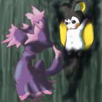 ambiguous_gender blush bodily_fluids duo emolga eyes_closed feral floating generation_4_pokemon generation_5_pokemon ghost happy imminent_rape male mammal membrane_(anatomy) mismagius nintendo ohakotome patagium pokemon pokemon_(species) pose rodent sciurid size_difference smile spirit tears