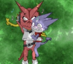 anthro belt blush cuddling duo electronics eyes_closed facial_markings green_background head_markings headphones lying male markings musical_note musical_symbol on_back on_side purple_body red_body romantic romantic_couple scarf simple_background sleeping symbol tail teeth wildchildgumdramon bandai_namco digimon digimon_(species) gumdramon shoutmon shoutmon_(king_ver.)