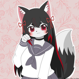 4_fingers anthro asian_clothing black_hair black_nose black_text blush clothed clothed_anthro clothed_female clothing dipstick_tail east_asian_clothing eyebrows eyelashes female female_anthro fingers front_view fully_clothed fully_clothed_anthro fully_clothed_female grey_tail hair humanoid_hands inner_ear_fluff japanese_clothing japanese_school_uniform long_hair looking_at_viewer markings pattern_background red_eyes school_uniform serafuku simple_background smile smiling_at_viewer solo tail tail_markings text tuft uniform white_inner_ear_fluff white_tail_tip kawaiirosiechan canid canine fox mammal 1:1 2024 artist_name digital_media_(artwork) half-length_portrait hi_res portrait shaded