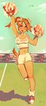 anthro blue_eyes breasts cheerleader clothing crowd female fluffy footwear fur group hair midriff navel orange_hair shoes socks solo_focus tan_body tan_fur pingpenne amber_(ping-ether) ambient_bird avian bird canid canine canis domestic_dog mammal 2023 absurd_res hi_res