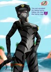 anthro beach bikini clothing female policewoman pose red_eyes sea sky smile solo stripes swimwear text toy toy_gun two-piece_swimsuit water water_gun blackreaper_bk201 go_to_horny_jail microsoft the_elder_scrolls schnurrt_beim_knuddeln felid khajiit mammal english_text hi_res meme pinup