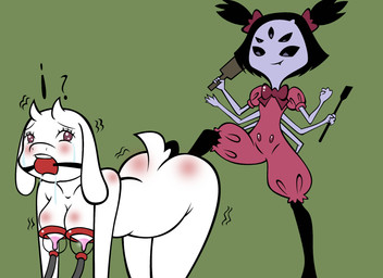 anthro bdsm big_breasts blush bodily_fluids bondage bound breast_milking breasts butt clothed clothing duo female female/female fur gag horn huge_breasts lactating multi_arm multi_eye multi_limb nipples nude simple_background smile tail white_body white_fur reimon-master-ii undertale undertale_(series) muffet toriel arachnid arthropod boss_monster_(undertale) humanoid spider hi_res