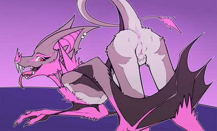 anthro anus black_body black_fur butt clitoral_hood_piercing clitoris clitoris_piercing ear_piercing eye_markings fangs feet female fur genital_piercing genitals jewelry long_ears long_tail markings membrane_(anatomy) membranous_wings multiple_piercings multiple_tongue_piercings open_mouth piercing pink_body pink_fur pink_nose presenting presenting_anus presenting_hindquarters presenting_vulva red_eyes seductive smile solo tail tail_tuft teeth tongue tongue_out tongue_piercing tuft vulva vulva_piercing winged_arms wings xzorgothoth skarlette_(xzorgothoth) bat mammal hi_res