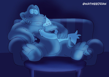 anthro belly blue_background bow_tie bow_tie_only controller dot_eyes duo feathers foot_on_table furniture green_body hand_on_back hug hugging_another male male/male mostly_nude night nude relaxed_expression relaxing remote_control shadow simple_background simple_eyes size_difference slightly_chubby smile sofa table watching_television white_body white_feathers watmeedraw sitting_ducks aldo_(sitting_ducks) ed_(sitting_ducks) alligator alligatorid anatid anseriform avian bird crocodilian duck reptile scalie hi_res
