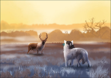 black_border border brown_body brown_fur day detailed_background duo feral fur grass outside plant sky white_body white_fur oneminutesketch canid canine canis deer domestic_dog mammal 2015 digital_media_(artwork)