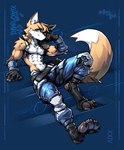 4_toes 5_fingers abs anthro armwear belt biceps blue_background blue_eyes bottomwear cheek_tuft chest_tuft claws clothed clothing dipstick_tail facial_tuft feet finger_claws fingerless_gloves fingers footwear fur gloves handwear hexagon male markings mascot muscular orange_body orange_fur pants pecs royal_pose simple_background smile solo tail tail_markings toe_claws toeless_footwear toes topless tuft white_tail_tip artdeitech e621 xiao_ling canid canine fox mammal 2025 dated digital_media_(artwork) hi_res signature
