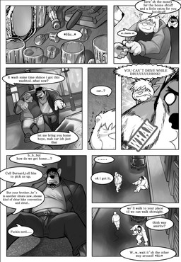 anthro car dialogue drunk duo facial_hair goatee jewelry male necklace overweight punch sound_effects speech_bubble substance_intoxication text tongue tongue_out vehicle blazingcheecks bobo_(blazingcheecks) bear canid canine canis mammal wolf comic english_text greyscale hi_res monochrome