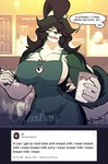 anthro apron big_breasts breasts clothing container cup dialogue dialogue_box female fur green_body green_fur holding_container holding_cup holding_object holding_pen pen speech_bubble text neosavias i_mean_breast_milk canid canine canis mammal wolf colored digital_media_(artwork) english_text hi_res meme