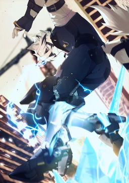 anthro butt city clothing cybernetic_leg cybernetic_limb detailed_background fingerless_gloves fur gloves hair handwear ice looking_down low-angle_view male red_eyes ring shirt solo tail toony topwear vest white_body white_fur chanshin0095 mihoyo zenless_zone_zero von_lycaon canid canine canis mammal thiren wolf 2025 absurd_res detailed hi_res