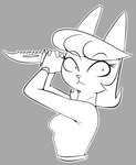 anthro breasts clothed clothing crazy_eyes female hair knife looking_at_viewer male scared_face simple_background solo weapon gold-white-kott a_kitty_bobo_show cartoon_network maggie_(kitty_bobo) domestic_cat felid feline felis mammal digital_media_(artwork) hi_res monochrome