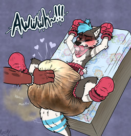 anthro big_diaper blue_body blue_fur blue_hair blue_tail blush blush_lines booties brown_body brown_fur brown_tail clothing diaper erection erection_in_diaper excessive_feces eyes_closed feces fur hair handwear heart_symbol huge_diaper hyper hyper_diaper hyper_feces lying male mittens moan object_in_mouth onomatopoeia orgasm pacifier pacifier_in_mouth restrained_arms smelly soiled soiled_diaper sound_effects spread_legs spreading stained_diaper stink_fumes tail text unclean_diaper used_diaper white_body white_fur white_tail poofbuttrocky dango_(nebstar) canid canine canis mammal wolf hi_res watermark