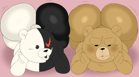 annoyed anthro big_butt black_body black_fur black_nose blush bodily_fluids brown_body brown_fur butt duo featureless_hands front_view fur half-closed_eyes male multicolored_body multicolored_fur narrowed_eyes on_chest pink_background plushie simple_background small_tail sweat sweaty_face tail white_body white_fur creamygravy danganronpa spike_chunsoft ted_(franchise) universal_studios monokuma ted_(ted) animate_inanimate bear living_plushie mammal teddy_bear_(species) 2026 absurd_res digital_drawing_(artwork) digital_media_(artwork) hi_res spanish_description