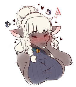 anthro bell bell_collar big_breasts blush blush_lines breasts clothing collar eyes_closed eyewear female glasses hair hair_bun hand_on_cheek heart_symbol open_mouth pigtails side_boob simple_background smile solo sweater thinking topwear white_background white_hair juppi faith_(tianiseul) bovid canid canine canis caprine mammal sheep wolf 2026 half-length_portrait hi_res portrait
