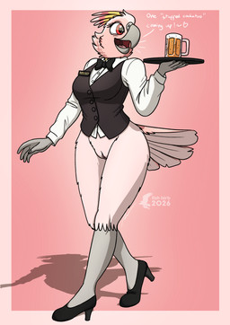 alcohol anthro bartender beer beer_mug beverage big_breasts bottomless bottomless_female bow_tie breasts clothed clothing collared_shirt dress_shirt female footwear genitals high_heels non-mammal_vulva pink_body shirt shoes solo thick_thighs topwear vest vulva waiter waiter_suit waiter_tray waitress_uniform fish_birb jenny_(fish_birb) avian bird cockatoo major_mitchell's_cockatoo parrot absurd_res hi_res