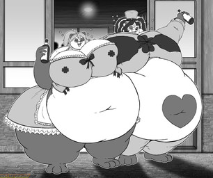 alcohol anthro belly beverage big_belly big_breasts bottle bottomwear breasts clothing container deep_navel drunk duo eyes_closed female hair hat headgear headwear heart_symbol huge_belly huge_breasts huge_thighs morbidly_obese morbidly_obese_anthro morbidly_obese_female navel obese obese_anthro obese_female overweight overweight_anthro overweight_female pants substance_intoxication thick_thighs topwear torn_clothing viroveteruscy xinjae_valentine bear giant_panda mammal 2021 absurd_res digital_media_(artwork) hi_res monochrome