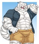 abs anthro biped blush bottomwear clothing fur male muscular muscular_anthro muscular_male solo striped_body striped_fur stripes topwear whiskers white_body white_fur cinna-tree felid mammal pantherine tiger absurd_res hi_res