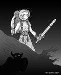 backpack belt bodily_fluids bottomwear breasts clothing duo female hair holding_melee_weapon holding_object holding_sword holding_weapon knife melee_weapon not_furry scared silhouette skirt suspenders sword tears weapon demon-man demon greyscale monochrome