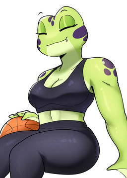 anthro ball basketball_(ball) bra breasts cleavage clothed clothed_anthro clothed_female clothing countershading eyebrows eyelashes eyes_closed facial_piercing female female_anthro front_view glistening glistening_eyelids green_body green_countershading green_skin leggings legwear markings medium_breasts membrane_(anatomy) midriff mouth_closed non-mammal_breasts piercing purple_markings simple_background sitting smile solo sports_bra three-quarter_view underwear webbed_hands white_background conditional_dnp sonokido ventura_city_drifters olea_nightshade amphibian frog 2023 hi_res