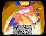 ambiguous_gender anthro bandage bodily_fluids crossed_legs duo female markings striped_markings striped_tail stripes sweat tail tail_markings minus8 animal_crossing ankha_zone nintendo ankha_(animal_crossing) anon domestic_cat felid feline felis mammal