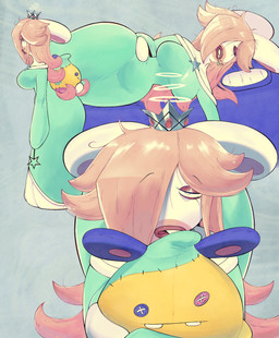 anthro big_breasts big_butt blonde_hair blue_bedding blue_pillow bodily_fluids breasts butt clothed clothed_anthro clothed_female clothing crown curvy_figure dress drooling ears_down eyebrow_through_hair eyebrows eyes_closed female female_anthro fur gem grey_background hair hair_over_eye half-closed_eyes hand_on_hip hand_on_own_hip head_on_pillow headgear holding_object holding_plushie holding_wand huge_butt light lips long_ears looking_at_viewer mitten_hands narrowed_eyes noseless pillow pivoted_ears plushie puckered_lips red_eyelids red_lips ruby_(gem) saliva seam_(sewing) side_view simple_background sleeping solo standing tan_inner_ear teal_clothing teal_dress teeth thick_thighs thin_eyebrows tired_eyes translucent translucent_hair wand white_body white_eyes white_fur wide_hipped_anthro wide_hipped_female wide_hips glabsterii mario_bros mario_plus_rabbids_sparks_of_hope nintendo raving_rabbids rayman_(series) ubisoft rabbid_rosalina lagomorph mammal rabbid 2025 colored crossover digital_drawing_(artwork) digital_media_(artwork) hi_res lighting multiple_images shaded