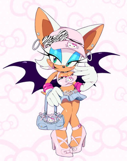 bat_wings bottomwear breasts cleavage clothed clothing crop_top ear_piercing ear_ring eyeshadow female footwear fur gesture gloves hand_gesture hand_on_hip handbag handwear hat headgear headwear high_heels hoop_ear_ring makeup membrane_(anatomy) membranous_wings miniskirt narrowed_eyes open_mouth piercing ring_piercing shirt shoes skirt solo topwear v_sign visor_cap white_body white_clothing white_fur white_gloves white_handwear wings chaosc0ntr0l hello_kitty_(series) sanrio sega sonic_the_hedgehog_(series) rouge_the_bat bat mammal