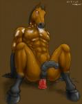 abdominal_bulge abs anal anal_masturbation anal_penetration animal_genitalia animal_penis anthro anus black_hooves blush bodily_fluids dildo dildo_sitting equine_genitalia equine_penis erection eunuch fur genital_fluids genitals hooves male masturbation nipples nude penetration penis precum red_dildo sex_toy solo toying_self vein veiny_penis ronin-nc equid equine horse mammal 2015 hi_res