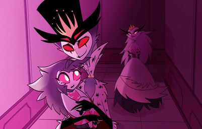 anthro bodily_fluids clothing crown crying detailed_background dress female formal_clothing formal_wear fur grey_body grey_fur grey_hair group hair hallway hat headgear headwear holding_another holding_child husband husband_and_wife long_hair looking_back looking_down looking_up male married_couple pajamas pink_eyes red_eyes short_hair smile standing tears top_hat trio white_body white_face white_fur white_hair wife teathekook hellaverse helluva_boss octavia_(helluva_boss) stella_(helluva_boss) stolas_(helluva_boss) avian bird owl owl_demon hi_res daughter_(lore) father_(lore) father_and_child_(lore) father_and_daughter_(lore) mother_(lore) parent_(lore) parent_and_child_(lore) parent_and_daughter_(lore)