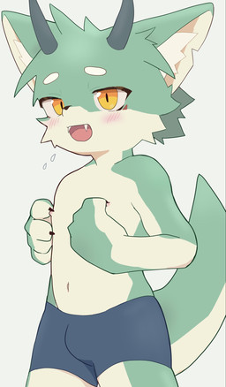 anthro blush bottomwear bulge clothed clothing countershading green_body horn kemono lidded_eyes looking_at_viewer male navel nipple_fetish nipple_play open_mouth shorts shorts_only simple_background solo topless topless_male white_background yellow_eyes young young_anthro young_male mfmfcha mammal 2026 hi_res japanese_description portrait three-quarter_portrait