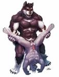 abs anal anal_penetration anthro anthro_on_anthro anus balls biceps big_muscles black_body black_fur black_penis bodily_fluids butt cum cum_on_chest cum_on_self cum_while_penetrated duo ejaculation erection fur genital_fluids genitals hands-free huge_muscles humanoid_genitalia humanoid_penis male male/male male_penetrated male_penetrating male_penetrating_male manly muscular muscular_male nude open_mouth orgasm pecs penetration penis sex size_difference spread_legs spreading teeth tongue tongue_out upside_down white_body white_fur dust_yang canid canine canis domestic_dog mammal wolf 2016 hi_res