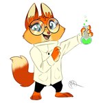 anthro barefoot biped black_bottomwear black_clothing black_pants bottomwear clothing coat collar dipstick_tail eyelashes feet female fur green_eyes holding_object lab_coat looking_at_viewer markings multicolored_body multicolored_fur open_mouth open_smile orange_body orange_fur pants paws potion red_nose scientist simple_background smile solo standing tail tail_markings topwear white_background krossan_(artist) cartoon_network lego the_lego_movie unikitty! dr._fox canid canine fox mammal 1:1 2018 digital_drawing_(artwork) digital_media_(artwork) hi_res signature