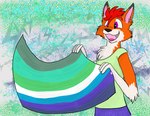 abstract_background clothed clothing cute_fangs ear_piercing eyebrow_piercing facial_piercing fangs flag flag_(object) hair happy holding_flag holding_object lgbt_pride male piercing pink_inner_ear pride_color_flag pride_colors purple_eyes red_hair solo teeth vincian_pride_colors thebonebutterfly fred canid canine fox humanoid mammal hi_res